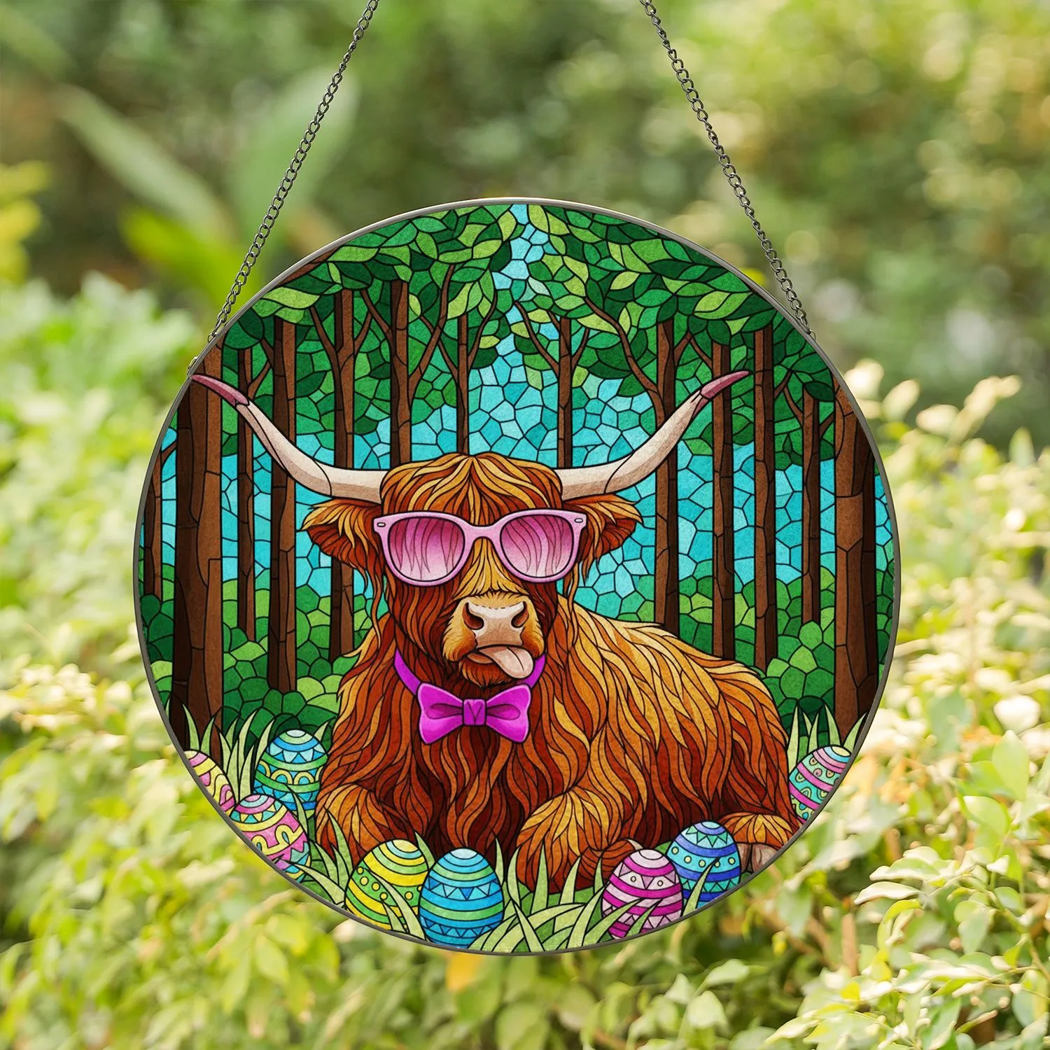 Highland Cow Easter Eggs Forest Mosaic - Tiffany Stained Glass Spring Home Decor Gift Stained Glass Suncatcher - 1