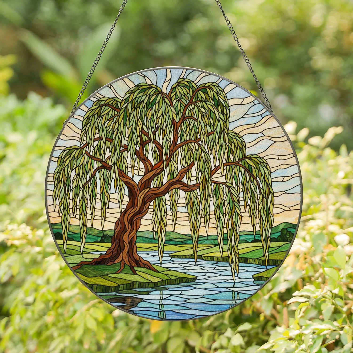 Grand Weeping Willow Tree Stained Glass River Landscape - Tiffany Mosaic Jewel Tone Art Stained Glass Suncatcher - 1