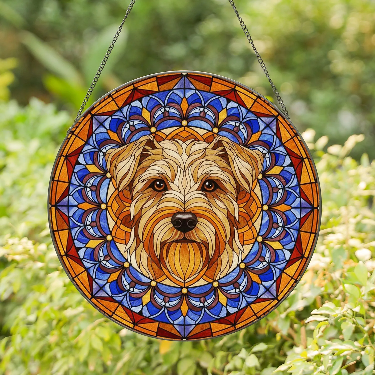 Shaggy Terrier Dog Stained Glass Tiffany Style - Geometric Mandala Jewel Tones Stained Glass Suncatcher - 1