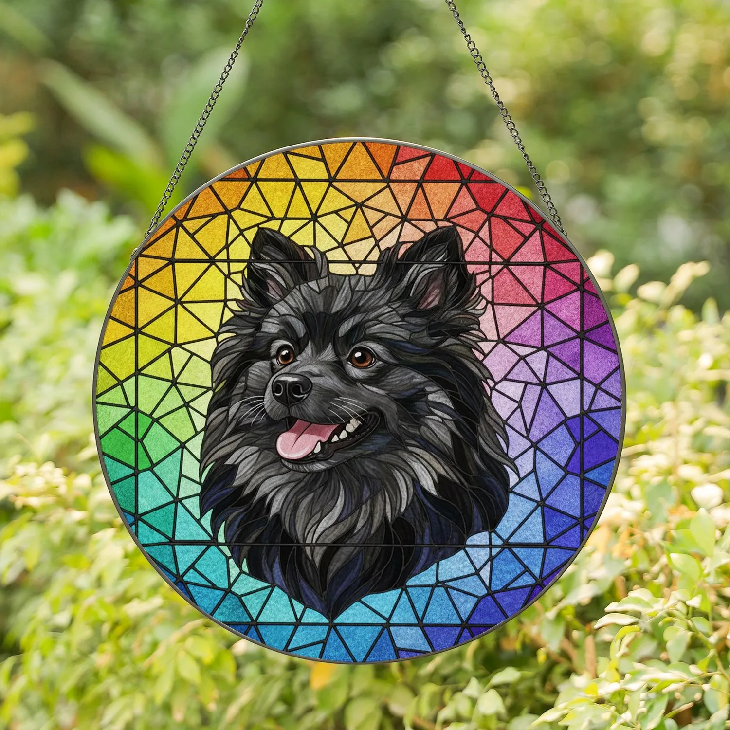 Black Fluffy Spitz Dog Stained Glass Mosaic Art - Happy Smiling Pet Lover Gift for Dog Owners Stained Glass Suncatcher - 1