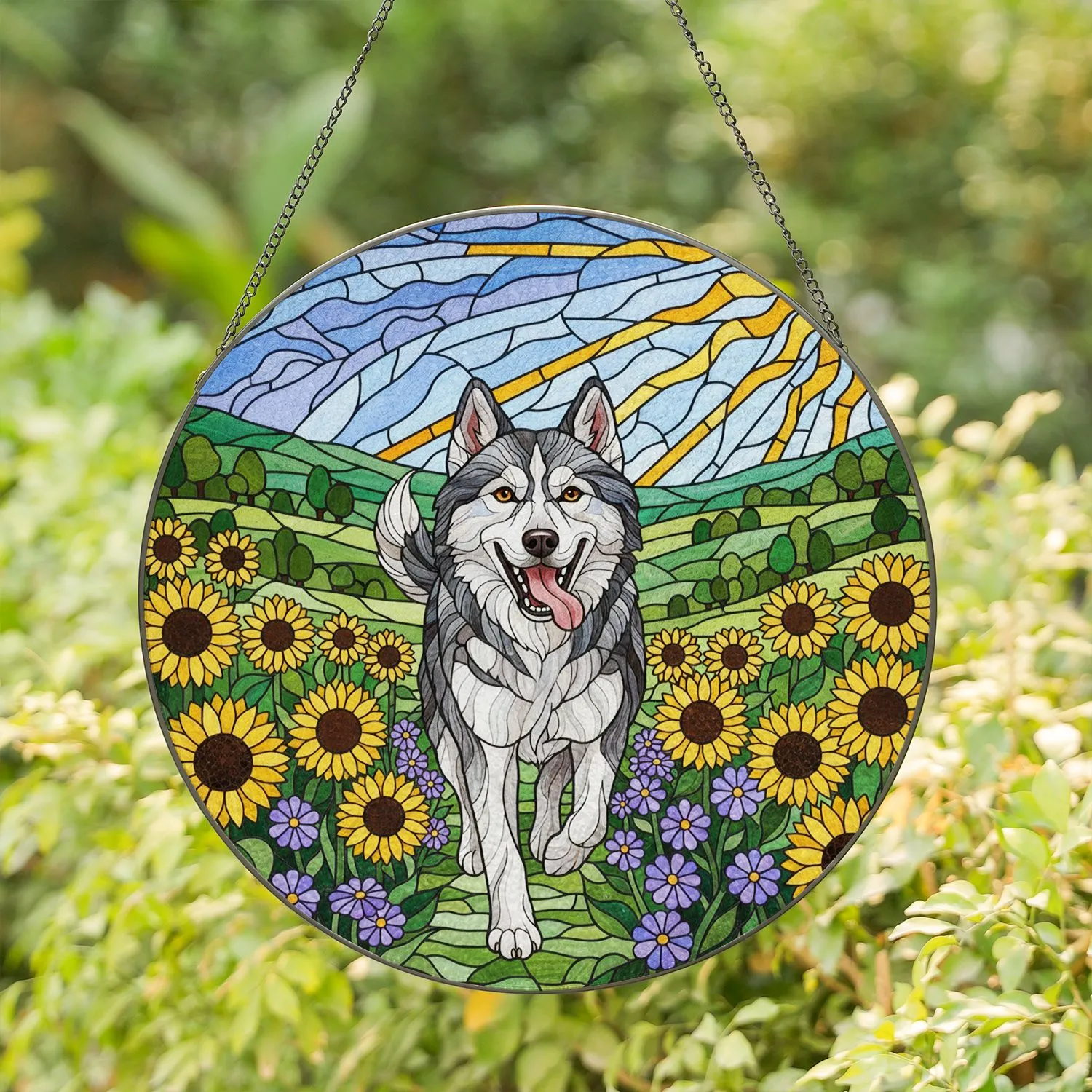 Happy Husky Dog Detailed Stained Glass Sunflowers Wildflowers Rolling Hills Art Stained Glass Suncatcher - 1