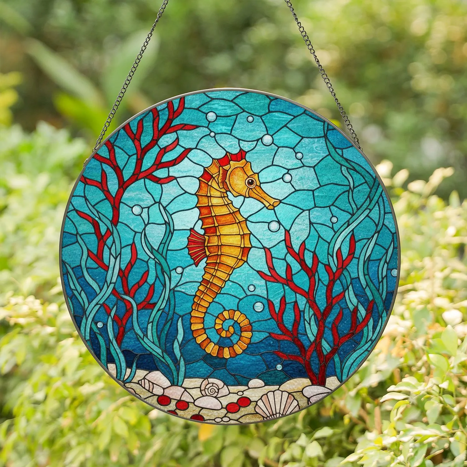 Seahorse Stained Glass Art - Tiffany Style Underwater Ocean Coral Mosaic Jewel Tones Stained Glass Suncatcher - 1