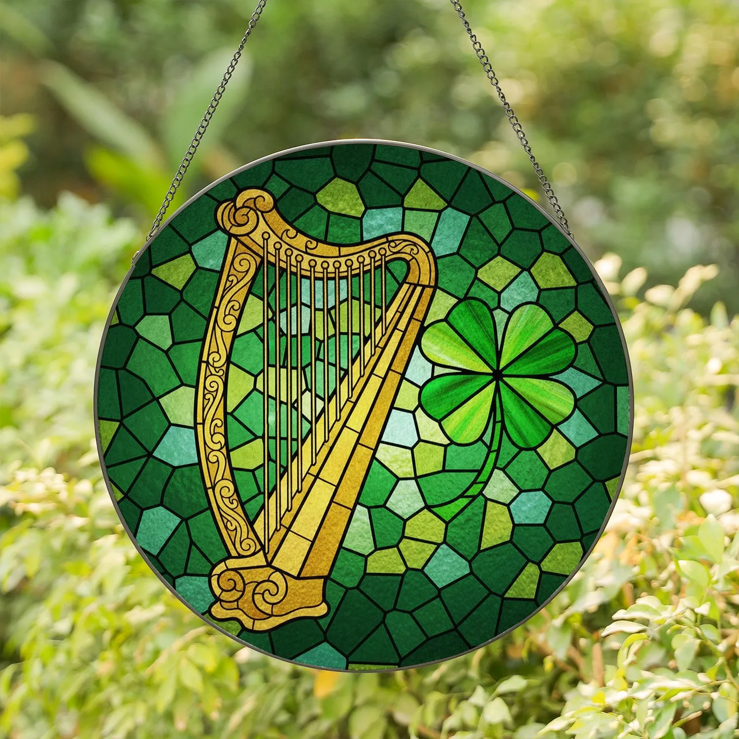 Golden Celtic Harp Four-Leaf Clover Stained Glass Mosaic - Irish Luck Heritage Gift Stained Glass Suncatcher - 1