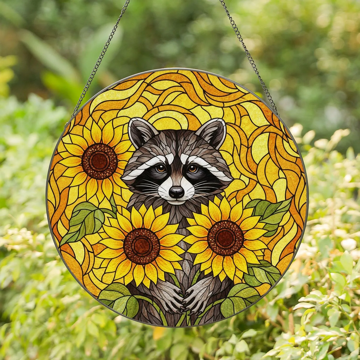 Raccoon Sunflowers Tiffany Stained Glass Mosaic Art - Luminous Jewel Tones Window Decor Stained Glass Suncatcher - 1