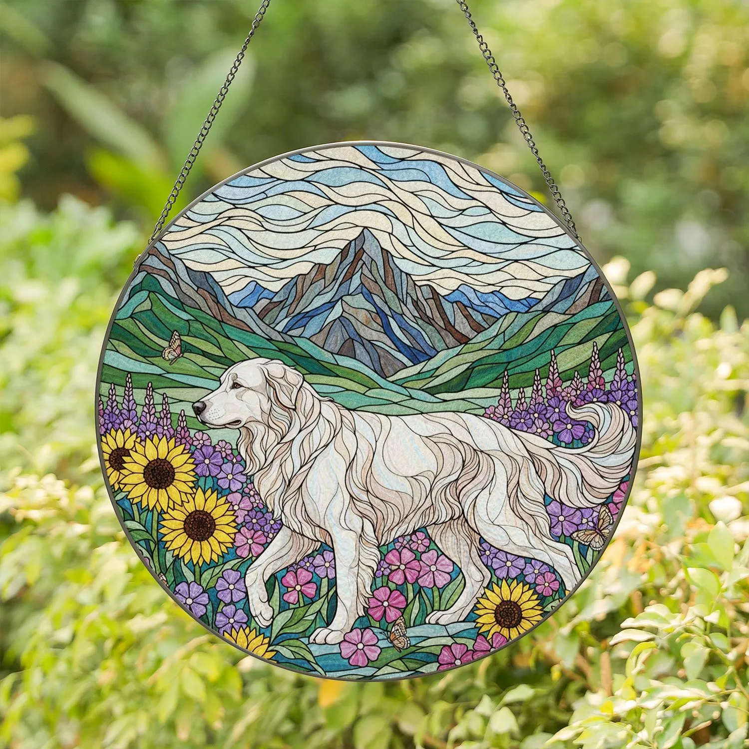 Great Pyrenees Dog Sunflowers Wildflowers Mountains - Stained Glass Home Decor Gift Stained Glass Suncatcher - 1