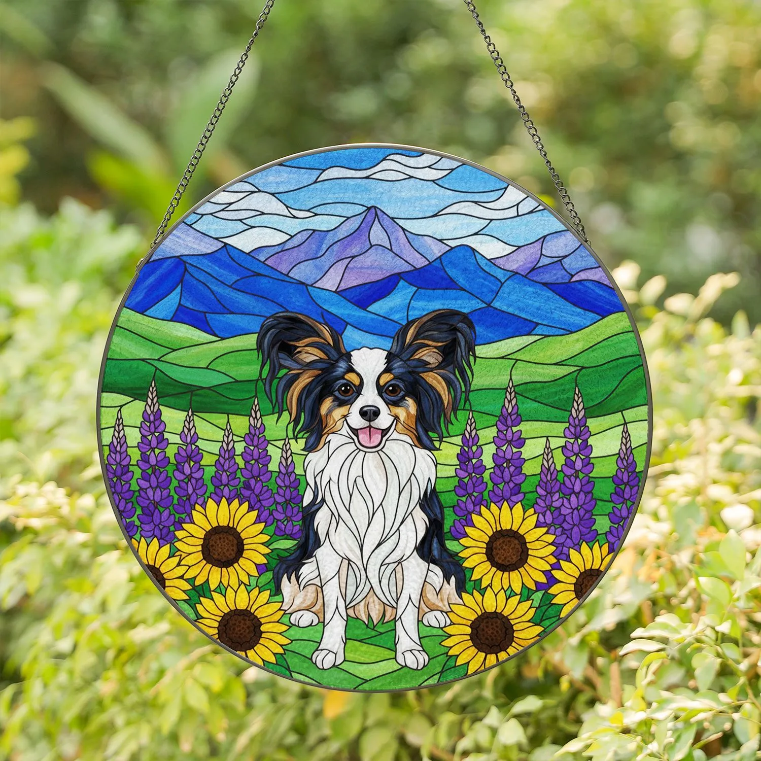 Papillon Dog Sunflowers Lupine Stained Glass Art - Hills, Mountains, Jewel Tones Dog Lover Stained Glass Suncatcher - 1