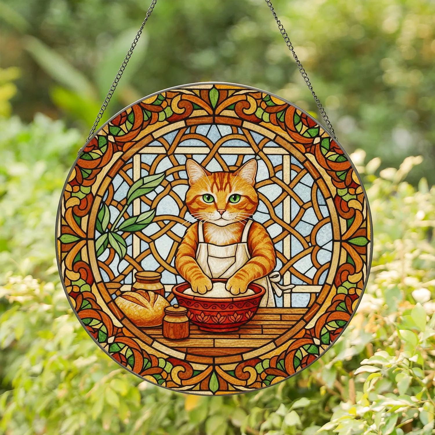 Ginger Tabby Cat Kneading Dough Stained Glass Mosaic Tiffany Style - Cat Lover Home Decor Stained Glass Suncatcher - 1