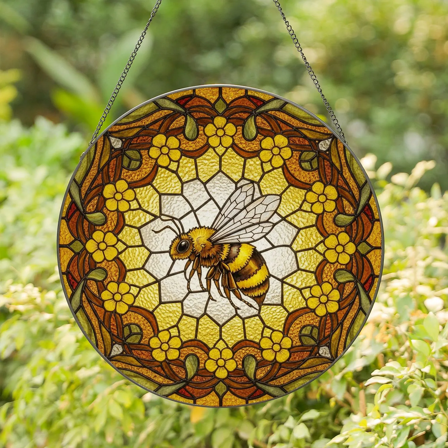 Plump Honeybee Tiffany Style Stained Glass Golden Flowers Honeycomb Mosaic Art Stained Glass Suncatcher - 1