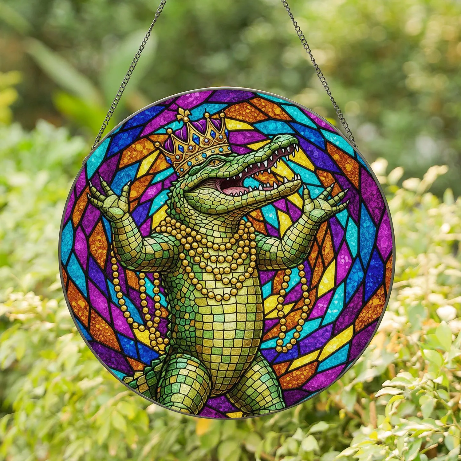 Anthropomorphic Alligator King Golden Crown Stained Glass Mardi Gras Festival Decor Stained Glass Suncatcher - 1