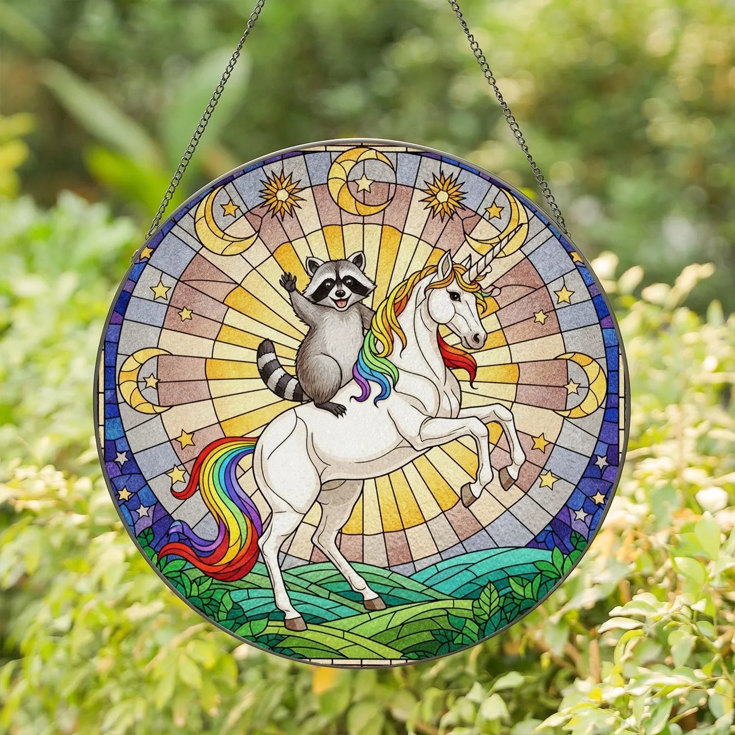 Raccoon Unicorn Stained Glass with Mosaic Sky Moons Stars - Fantasy Animal Gift Decor Stained Glass Suncatcher - 1