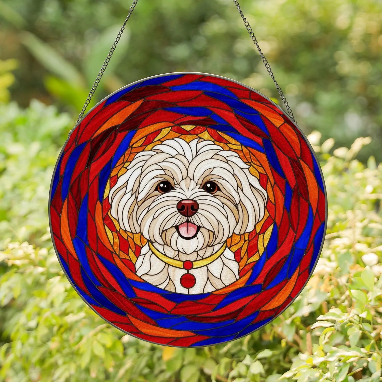 Fluffy Maltese Dog Head Stained Glass Art, Tiffany Style Jewel Tones Abstract Patterns Stained Glass Suncatcher - 1