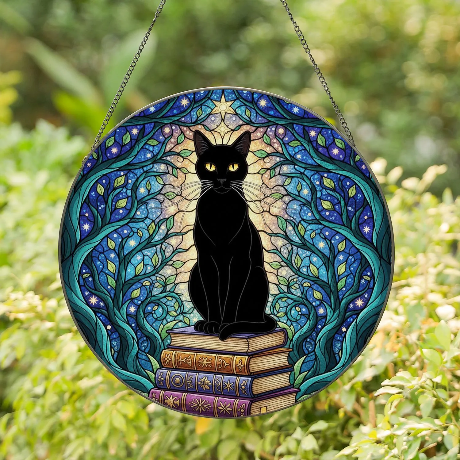 Black Cat Tiffany Style Glass Mystical Books Gnarled Branches Starry Night Stained Glass Suncatcher - 1
