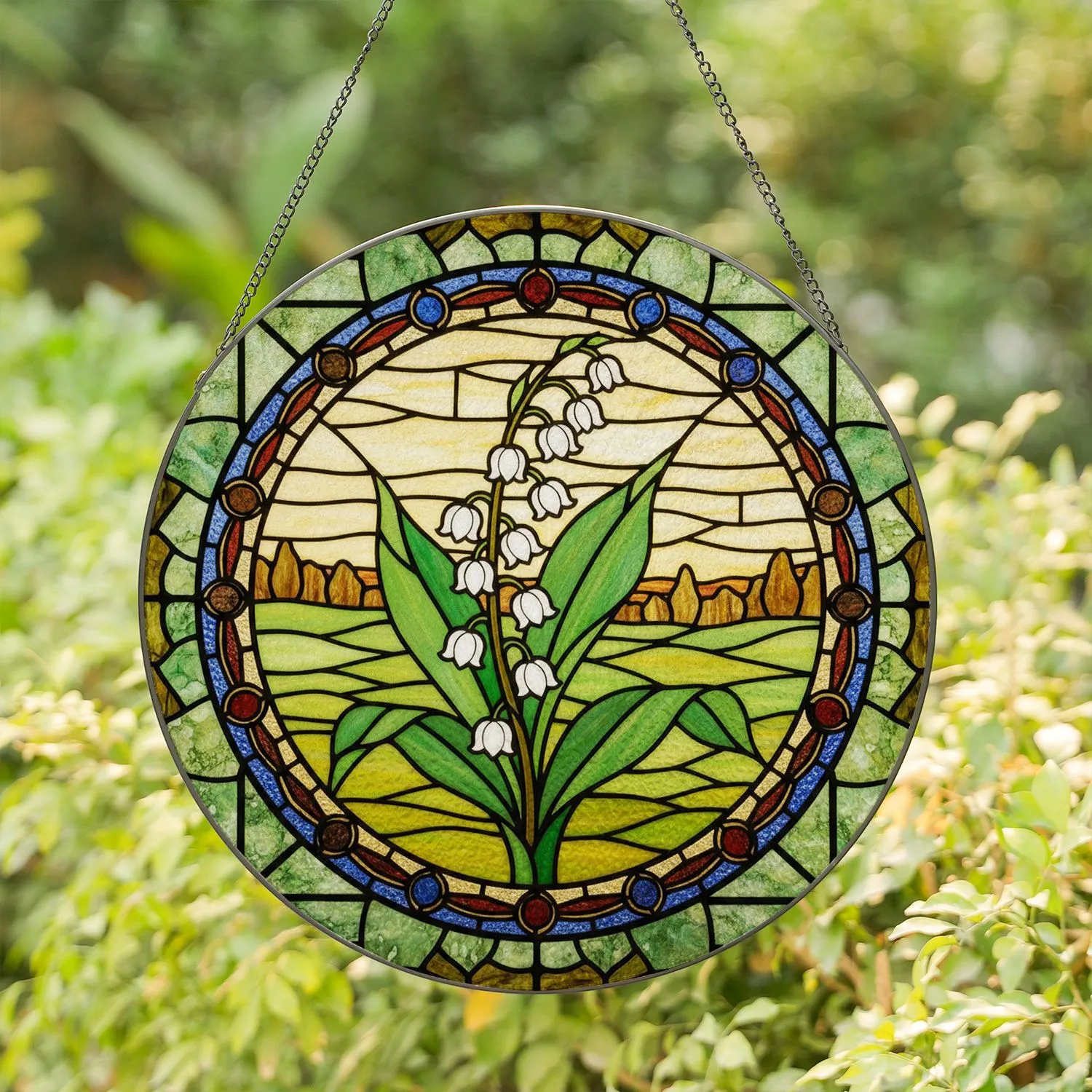 White Lily of the Valley Flowers, Tiffany Glass Style Mosaic Landscape Art with Ornate Border Stained Glass Suncatcher - 1