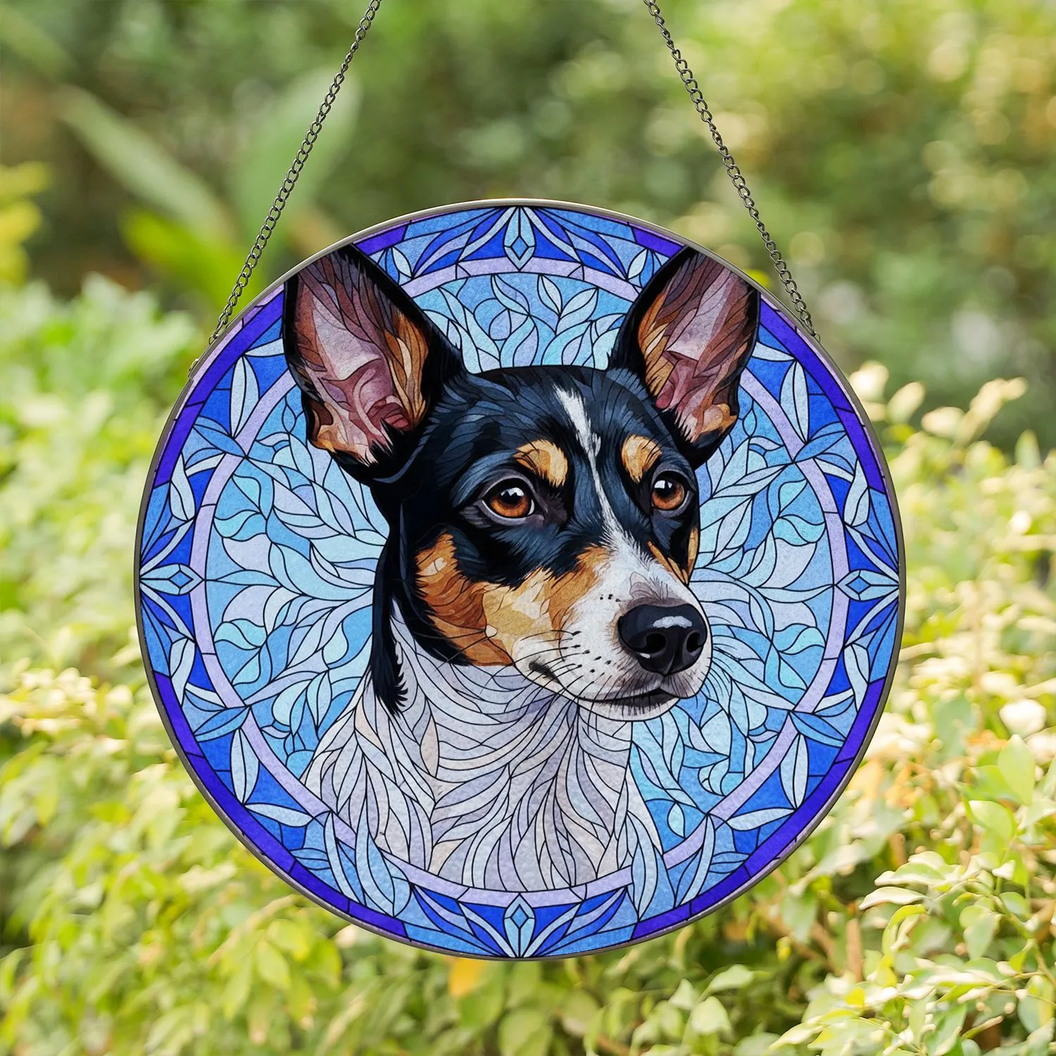Alert Tricolor Rat Terrier Dog Stained Glass Mosaic - Tiffany Style Jewel Tone Leaf Vine Design Stained Glass Suncatcher - 1