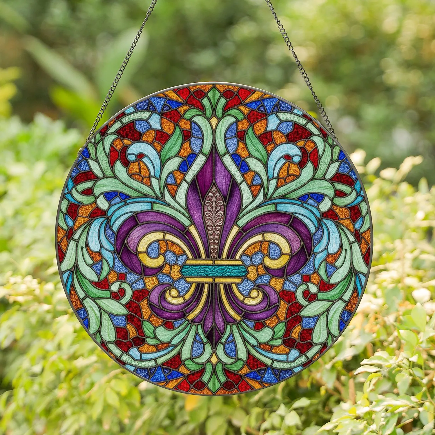 Fleur-de-lis Stained Glass - Tiffany Style Ornate Mosaic Tapestry Motifs Home Decor Stained Glass Suncatcher - 1
