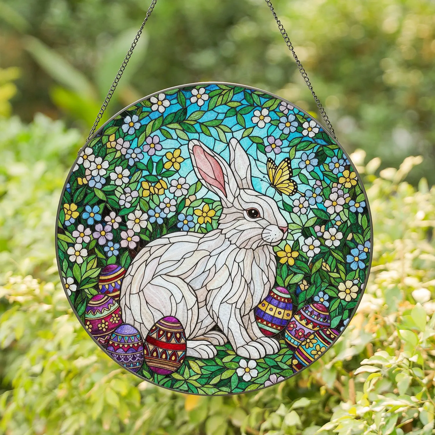 Fluffy White Rabbit Easter Eggs Floral Garden - Tiffany Glass Spring Decor Display Stained Glass Suncatcher - 1