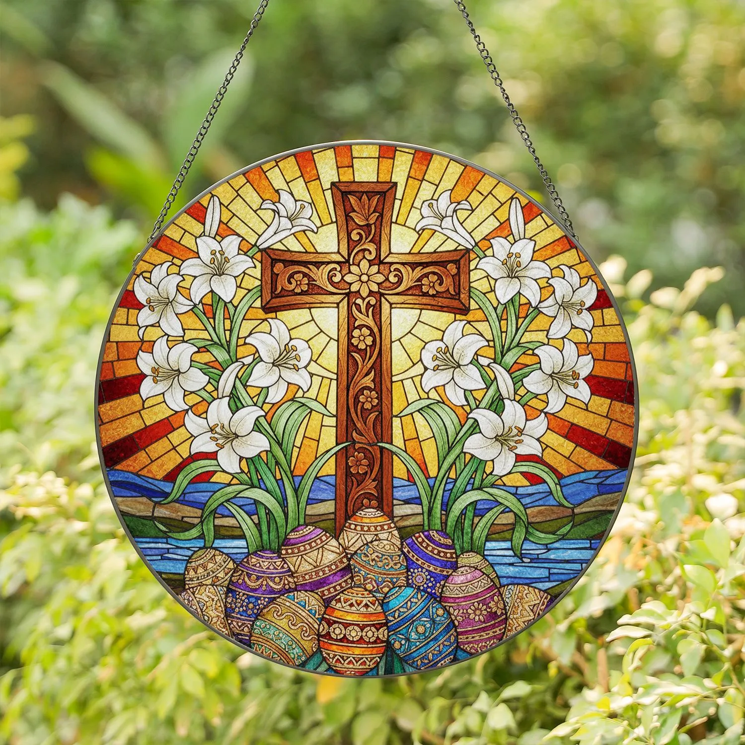 Detailed Stained Glass Easter Cross Lilies Eggs Mosaic - Radiant Sunrise Religious Gift Stained Glass Suncatcher - 1