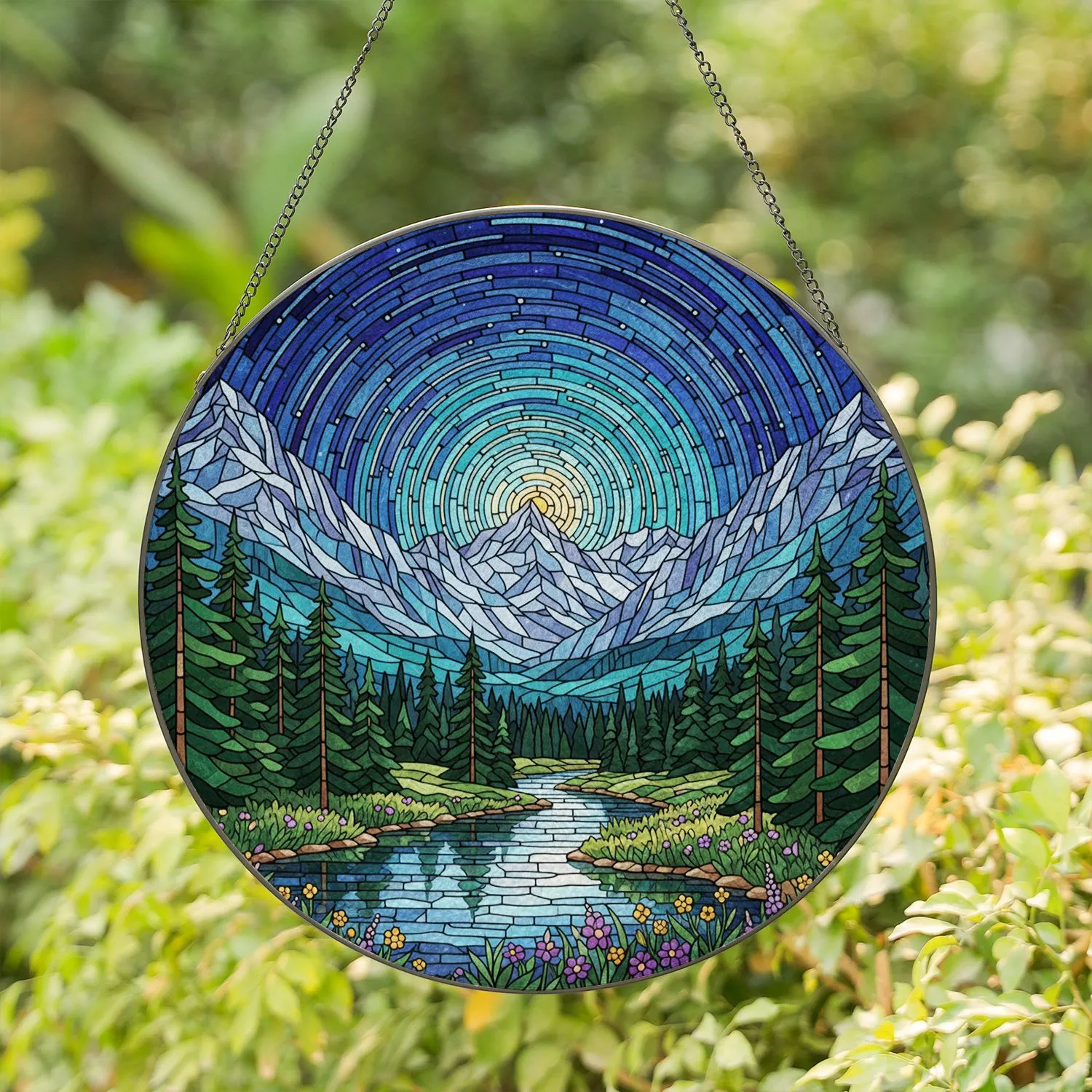 Tiffany Stained Glass Mountain Landscape River Evergreen Forest Celestial Night Sky Art Stained Glass Suncatcher - 1