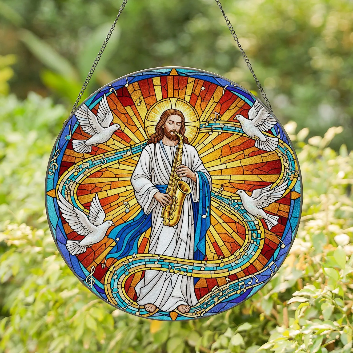 Jesus Christ Playing Saxophone Stained Glass Tiffany Style - Doves Musical Notes Sunburst Stained Glass Suncatcher - 1