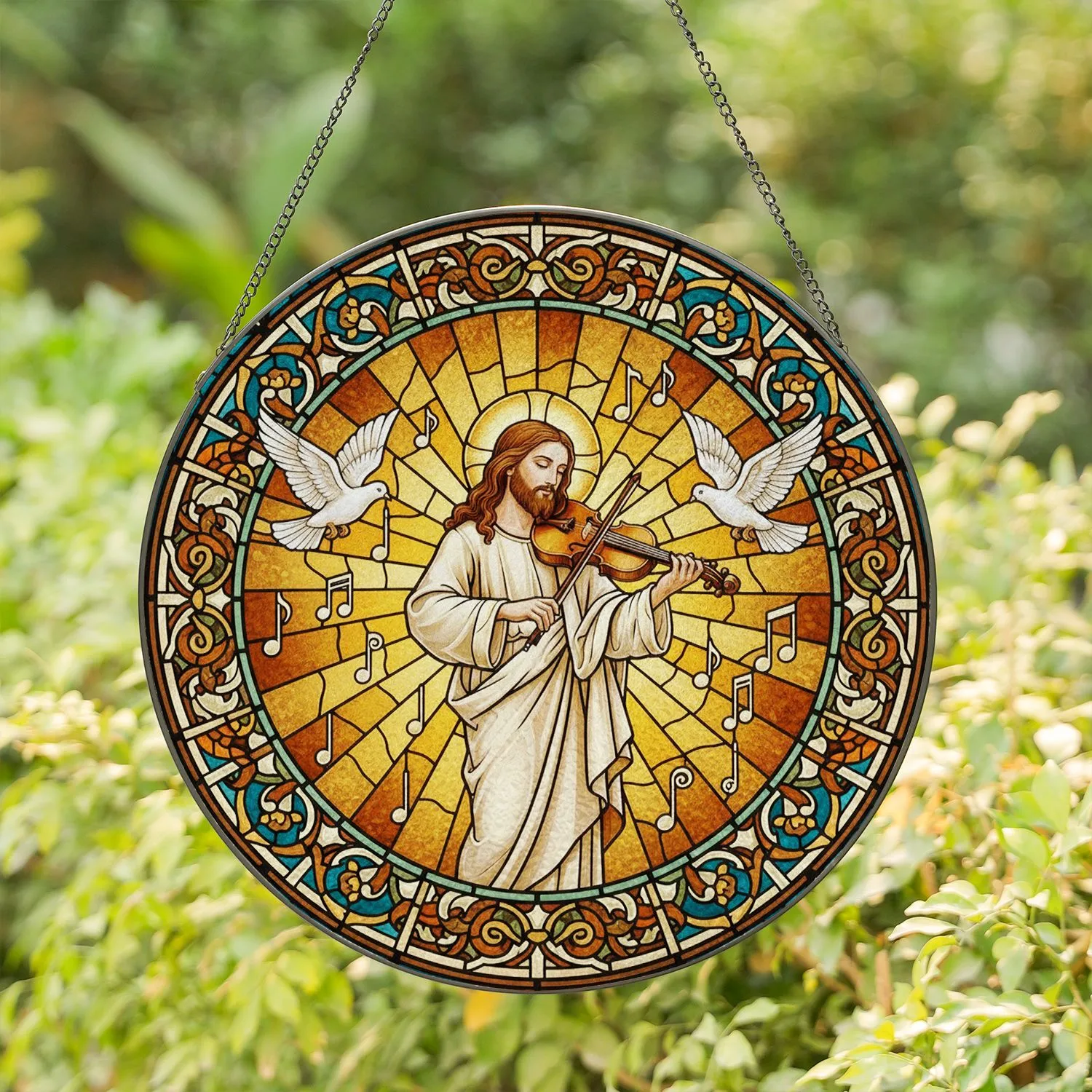 Jesus Christ Playing Violin Doves Tiffany Stained Glass Religious Sunburst Floral Stained Glass Suncatcher - 1