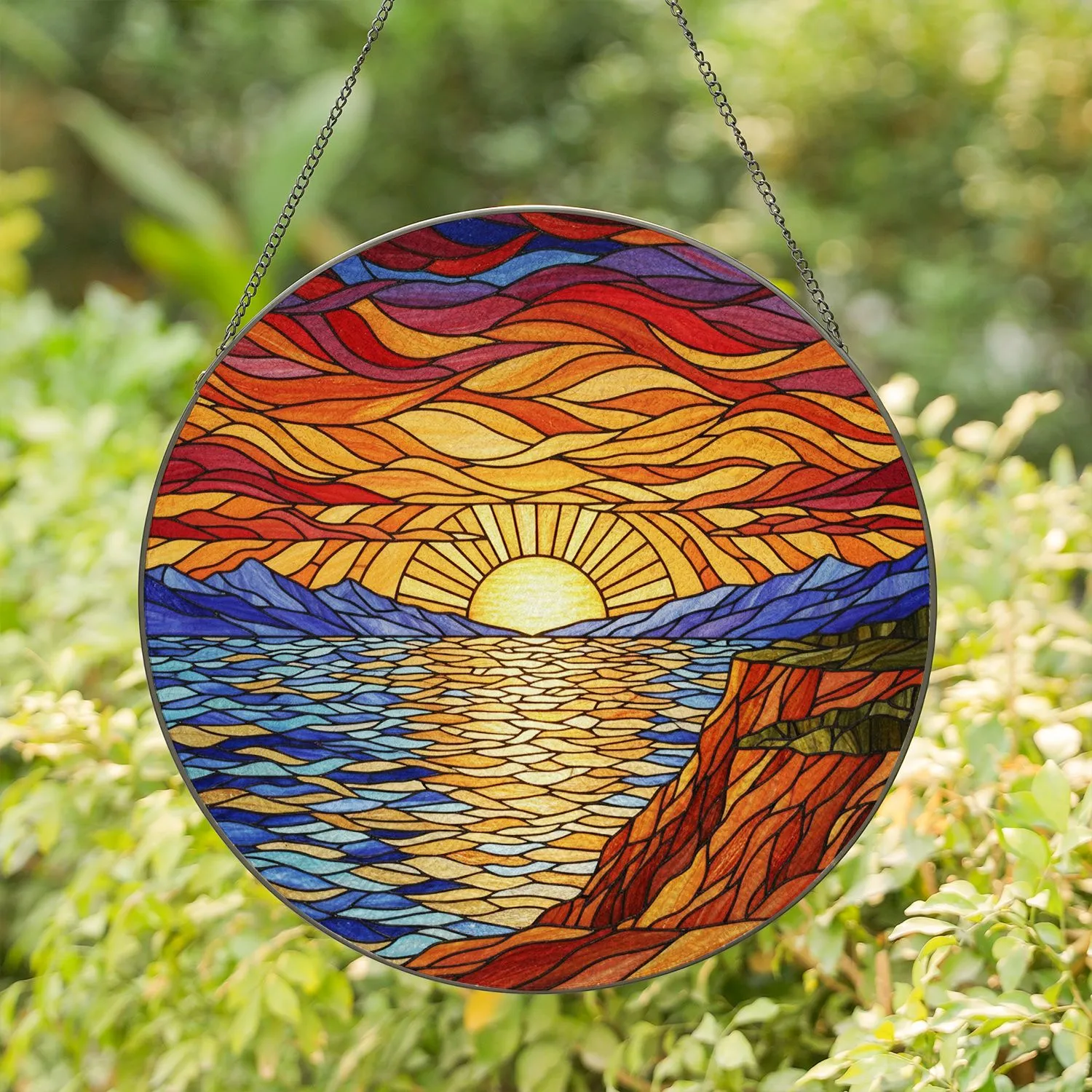 Tiffany Style Glowing Sunset Ocean Cliffs Mountains Sky Stained Glass Mosaic Stained Glass Suncatcher - 1