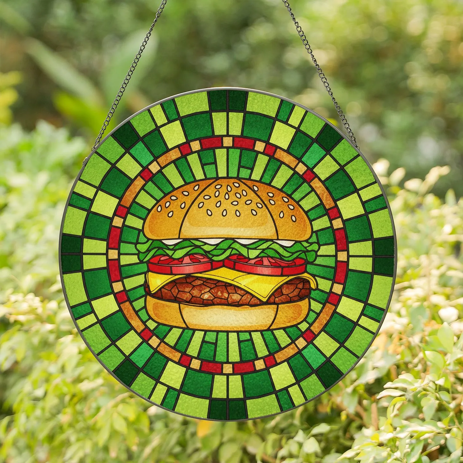 Tiffany Style Stained Glass Hamburger Mosaic - Delicious Food Art Kitchen Decor Gift Stained Glass Suncatcher - 1