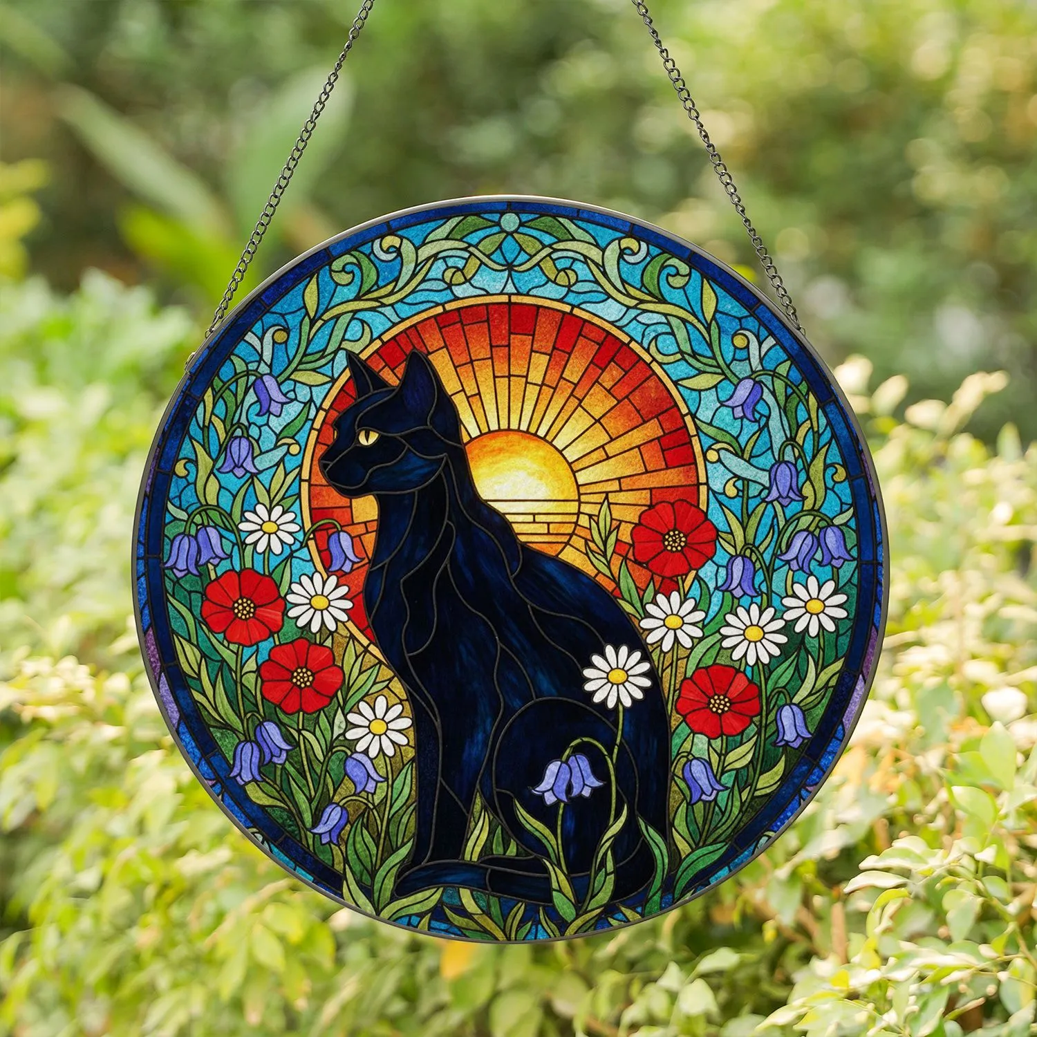 Black Cat Wildflower Poppies Daisy Stained Glass Art - Radiant Sun Moon Tiffany Jewel Tones Stained Glass Suncatcher - 1