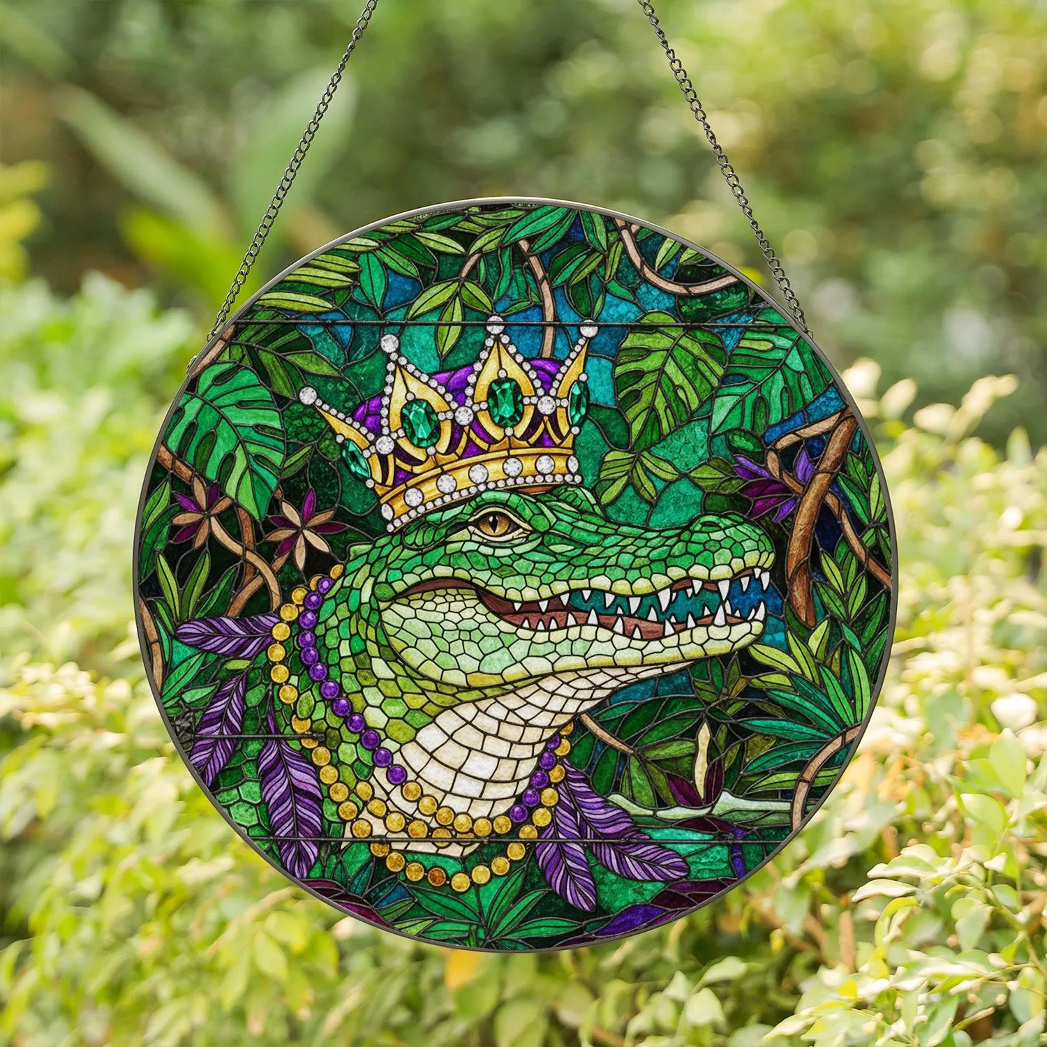 Majestic Alligator Crowned Tiffany Glass Jewel Toned Tropical Art - Mardi Gras Decor Gift Stained Glass Suncatcher - 1