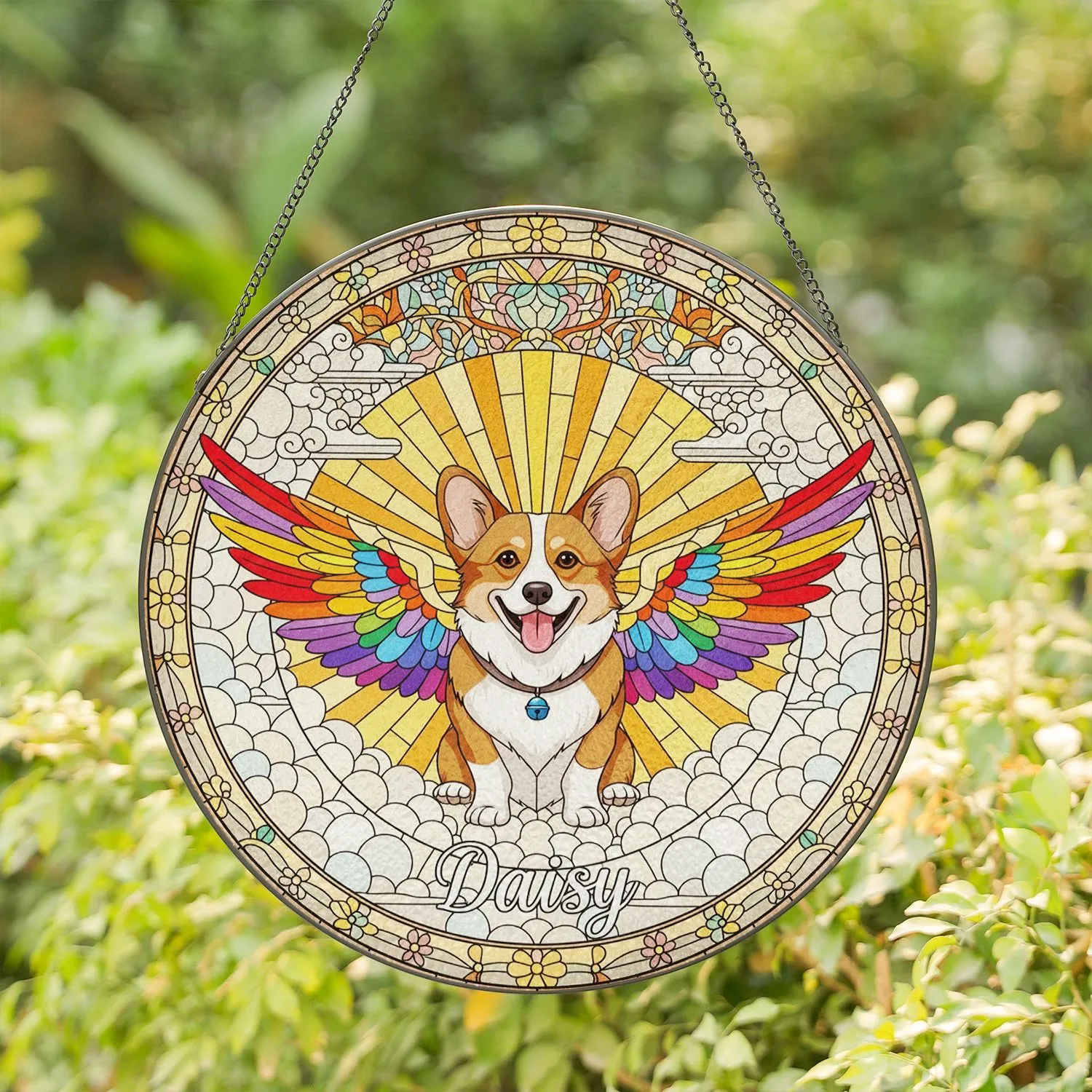 Daisy Corgi Dog Rainbow Wings Stained Glass Sunburst Mosaic Puffy Clouds Floral Border Stained Glass Suncatcher - 1