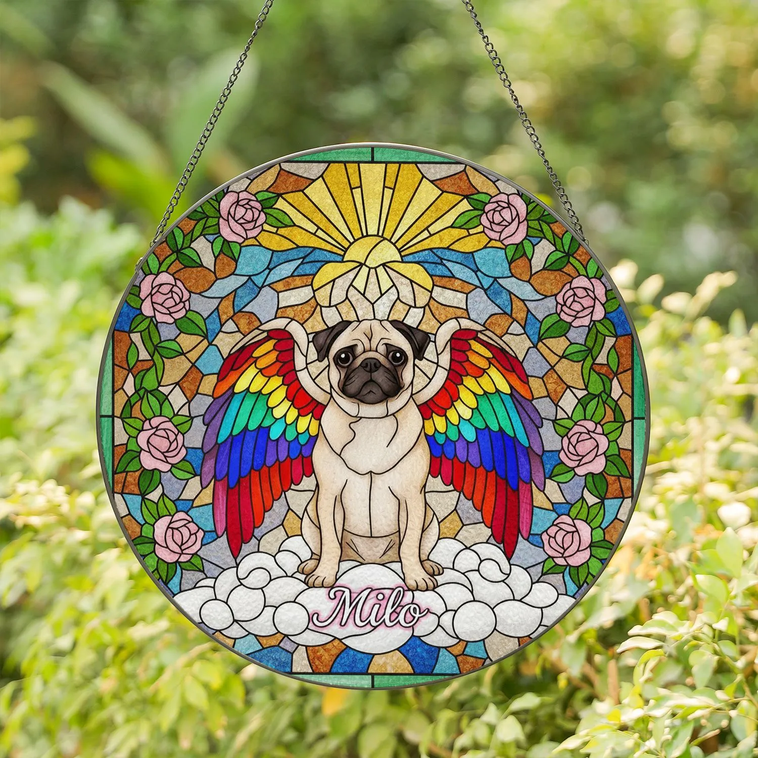 Fawn Pug Angel Wings Stained Glass Art - Rainbow Rose Milo Pet Lover Home Decor Gift Stained Glass Suncatcher - 1