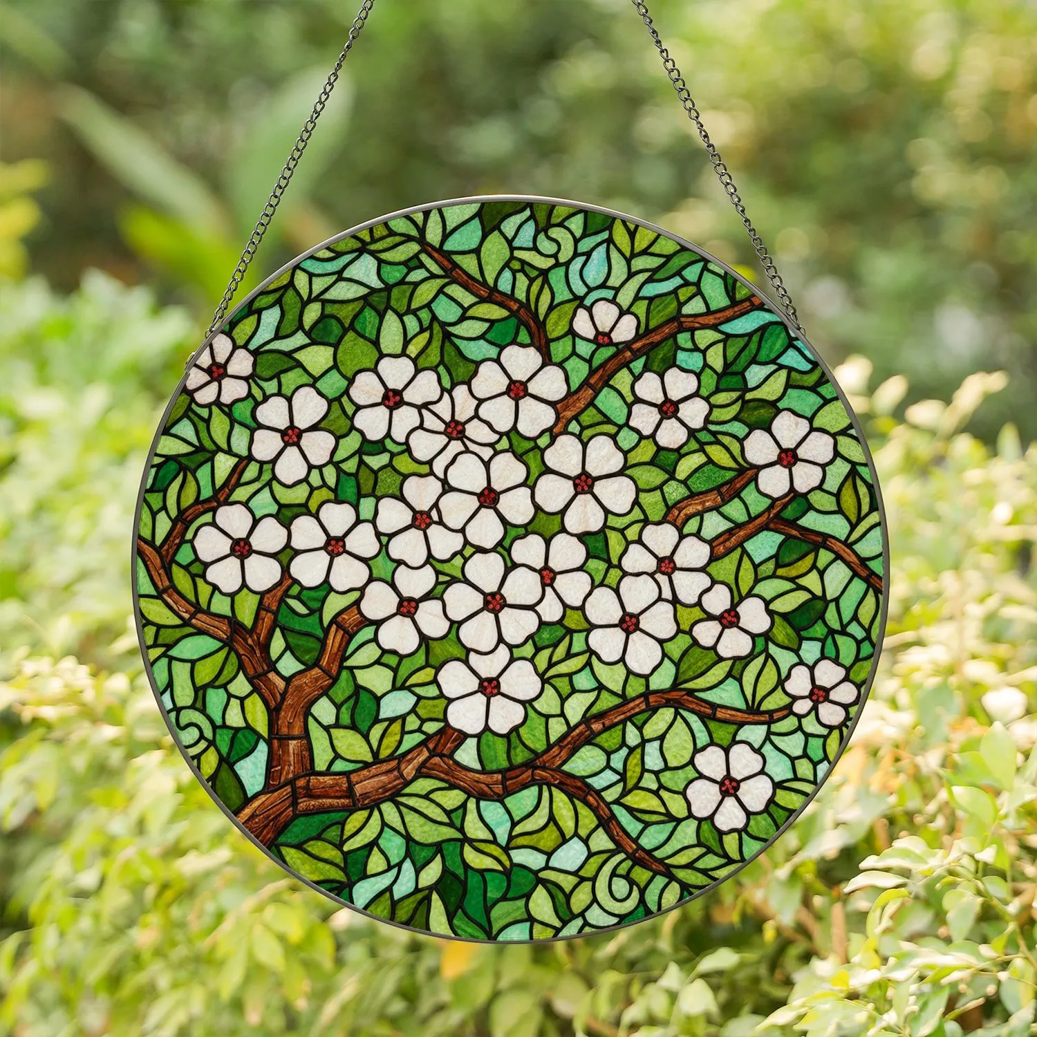 White Apple Blossom Stained Glass Art – Tiffany Jewel Tone Foliage Mosaic Decor Stained Glass Suncatcher - 1