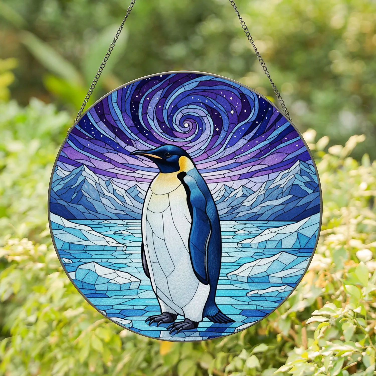 Emperor Penguin Ice Floe Stained Glass - Arctic Nebula Mountains Winter Wildlife Gift Stained Glass Suncatcher - 1