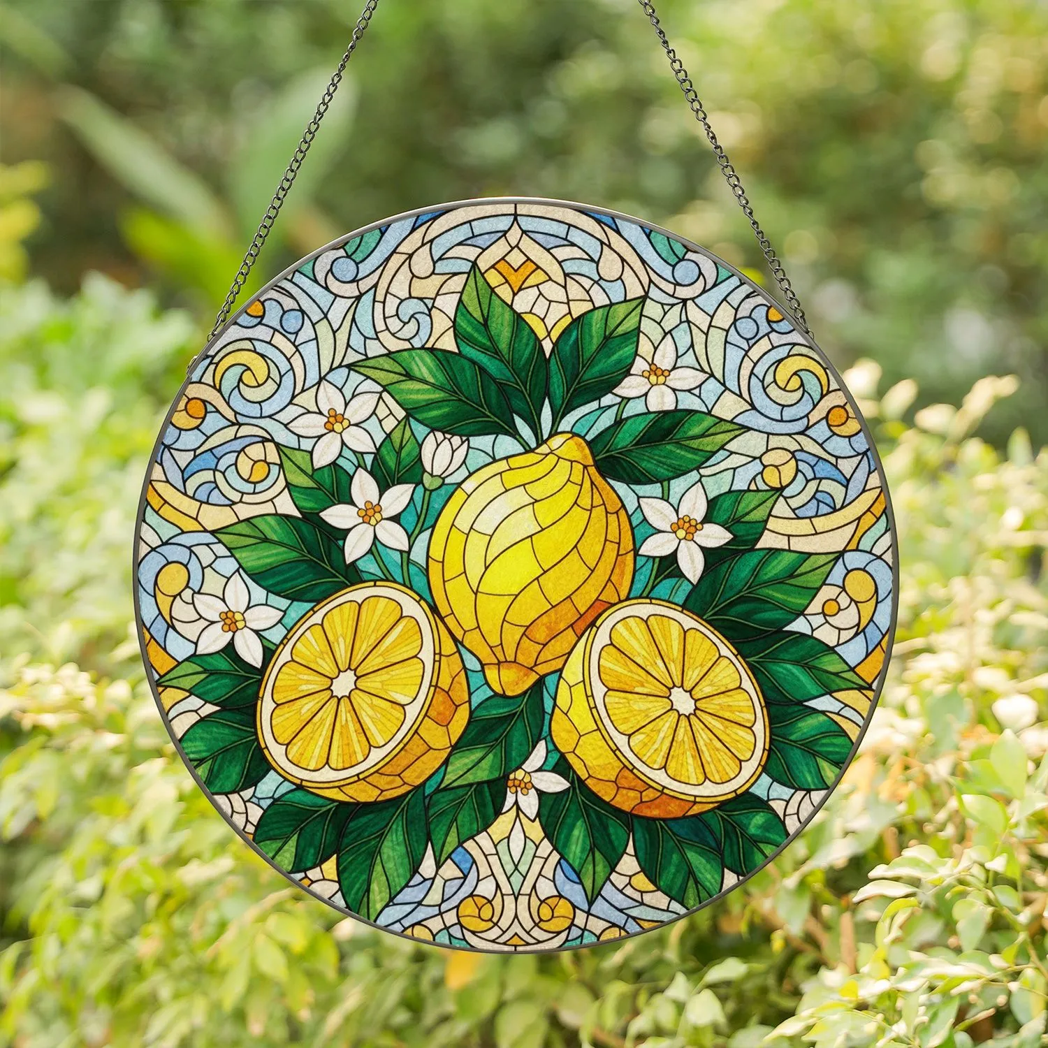 Tiffany Style Stained Glass Lemon Slices Leaves Blossoms - Intricate Mosaic Fruit Design Stained Glass Suncatcher - 1