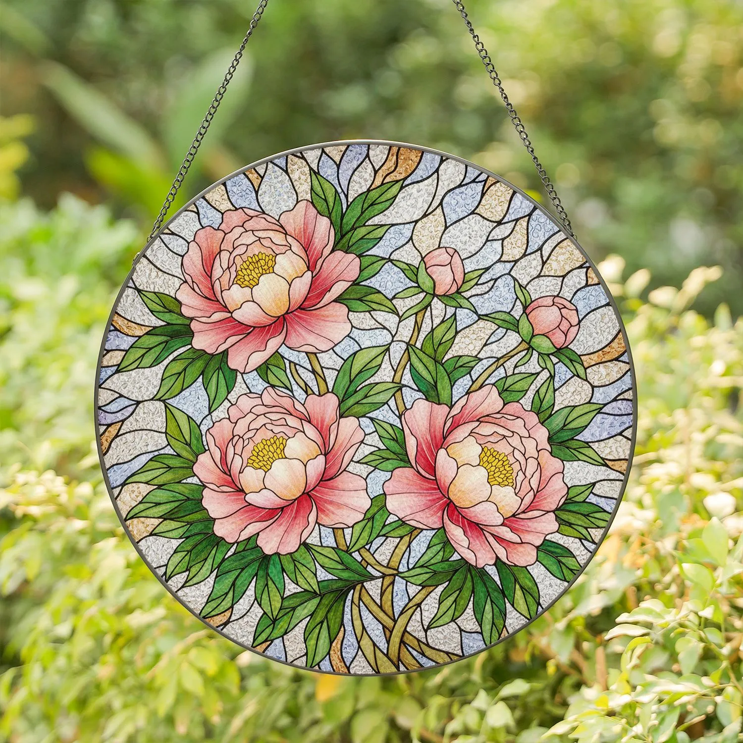 Blush Pink Peach Yellow Peony Flowers - Tiffany Stained Glass Mosaic Translucent Jewel Tones Stained Glass Suncatcher - 1