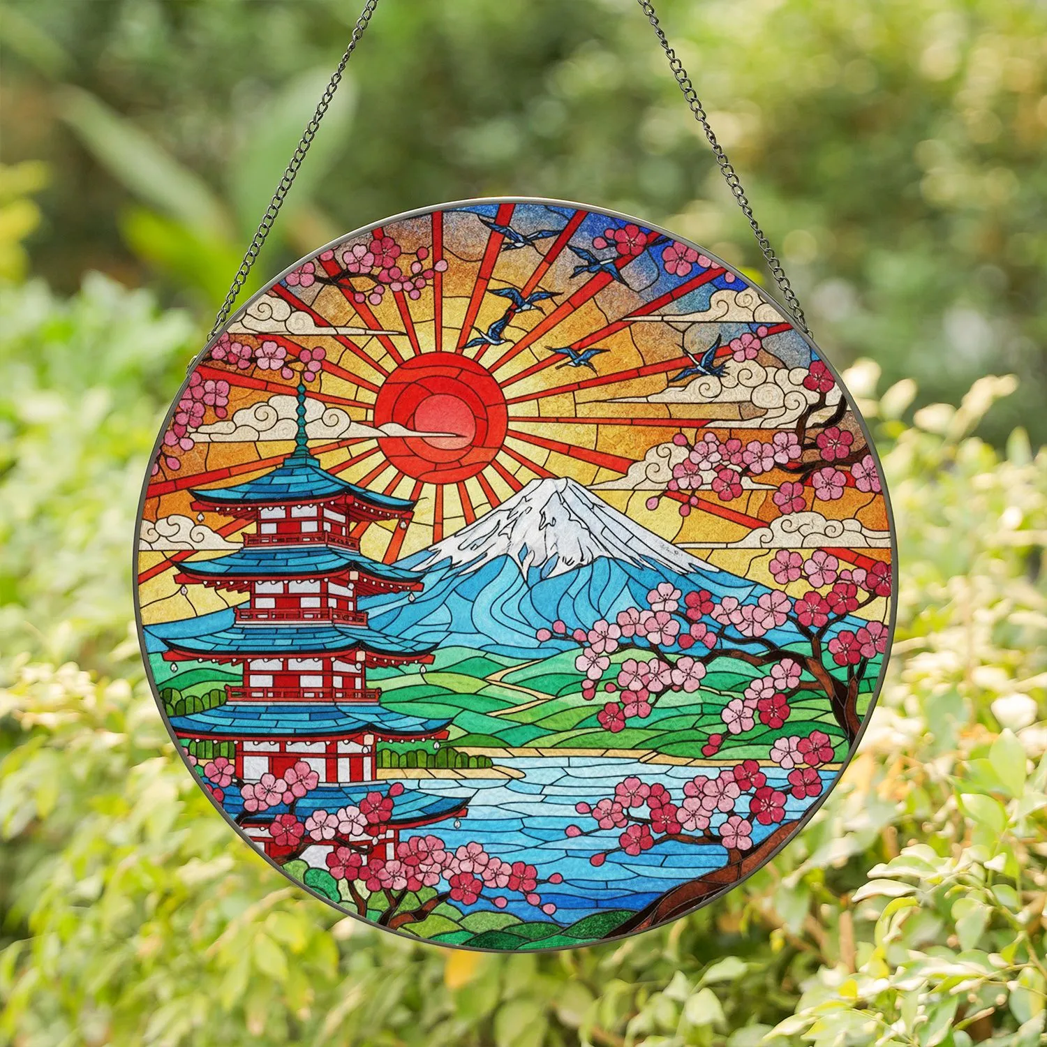 Stained Glass Japanese Pagoda Mount Fuji Cherry Blossom Landscape Intricate Art Stained Glass Suncatcher - 1
