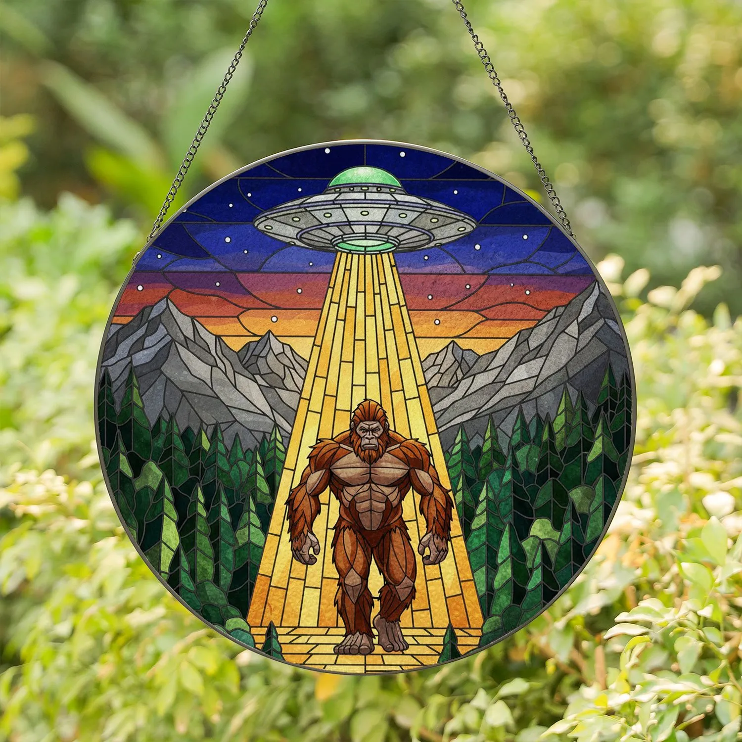 Bigfoot Sasquatch UFO Stained Glass Artwork with Mountain Forest & Tractor Beam Stained Glass Suncatcher - 1