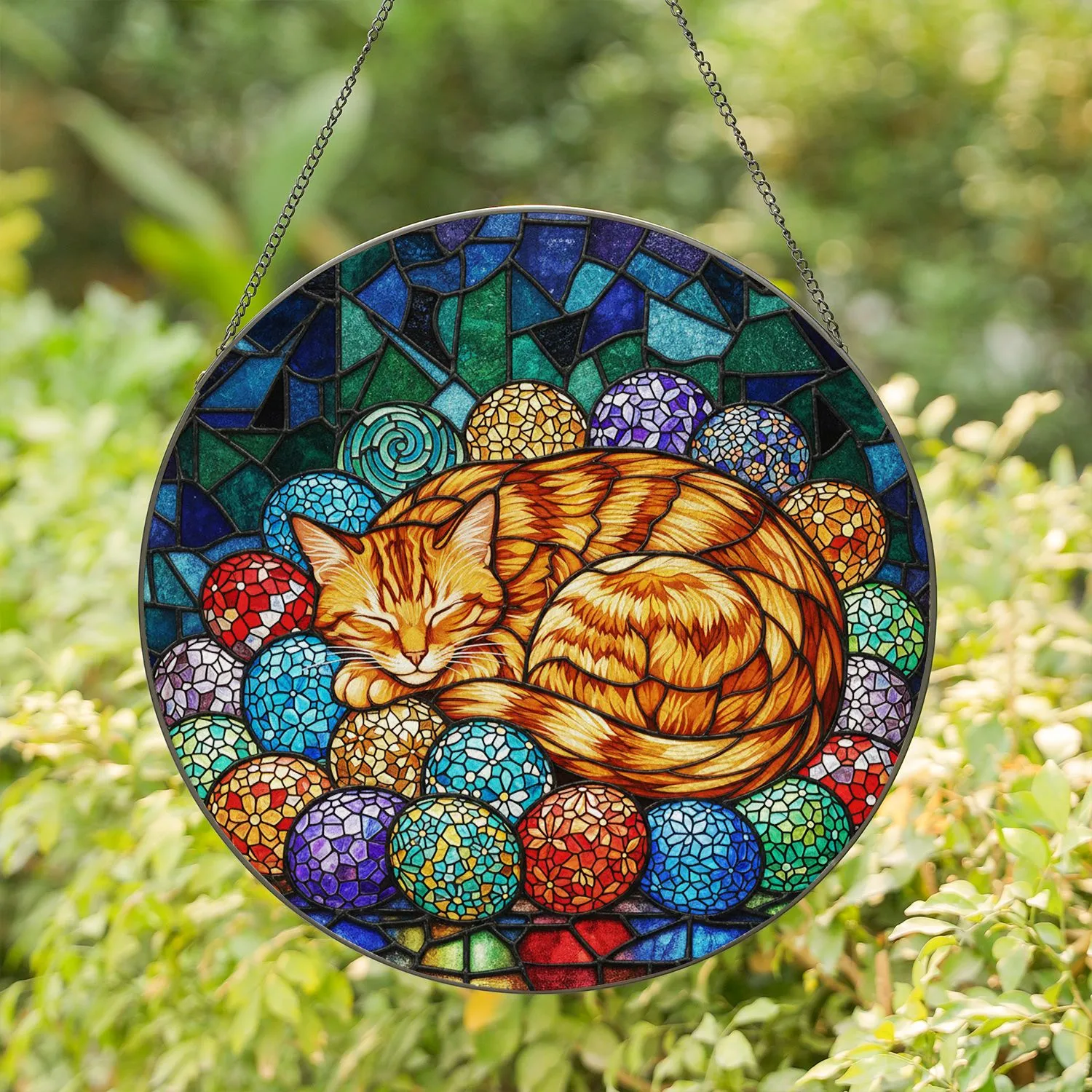 Intricate Ginger Tabby Cat Asleep Tiffany Stained Glass Mosaic Easter Eggs Jewel Tones Stained Glass Suncatcher - 1