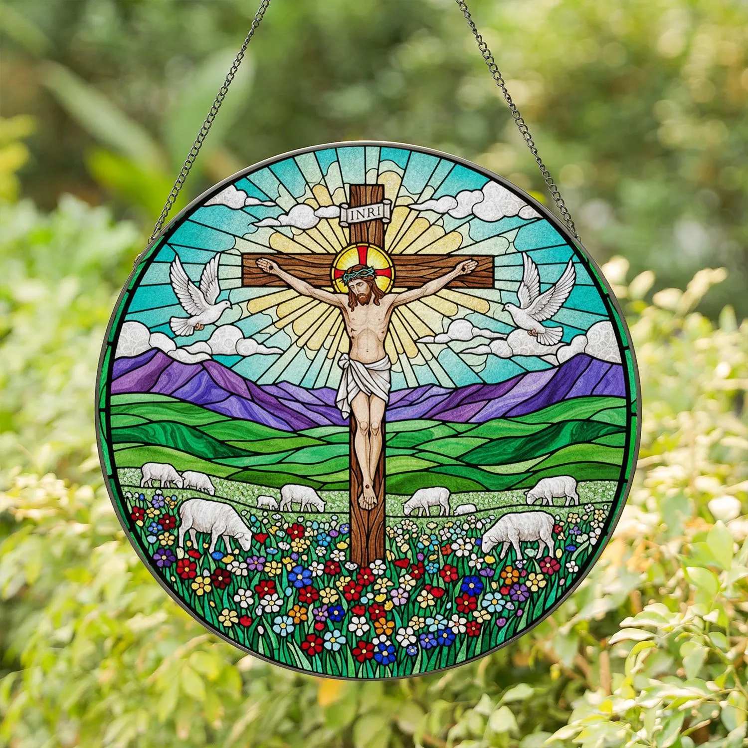 Jesus Christ Crucifixion Stained Glass Art - Doves, Wildflowers, Sheep, Religious Gift Stained Glass Suncatcher - 1