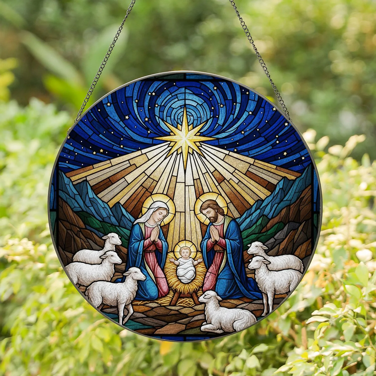 Stained Glass Nativity Scene Mary Joseph Baby Jesus Sheep Bethlehem Star - Religious Christmas Stained Glass Suncatcher - 1
