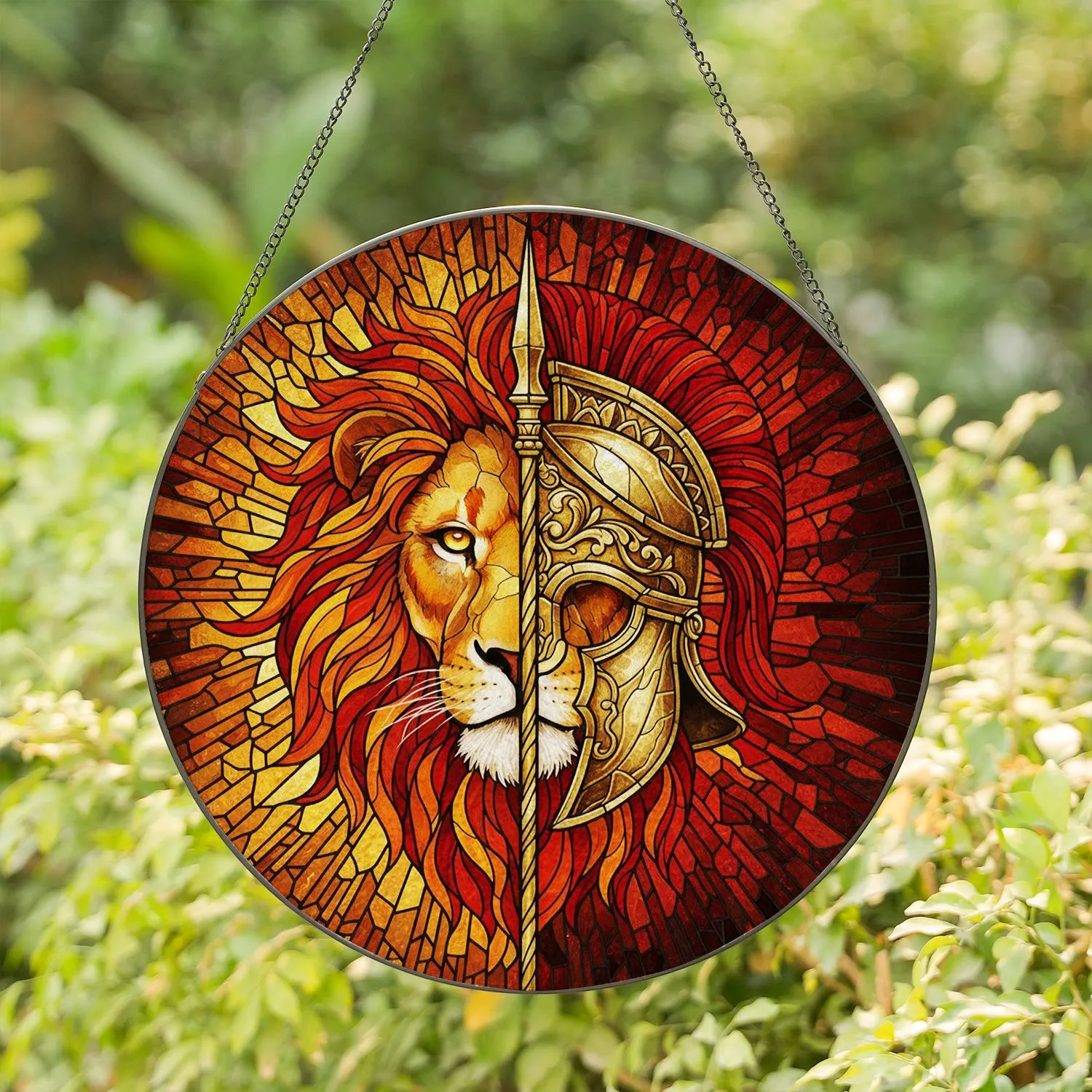 Fierce Lion Head Roman Centurion Helmet Golden Spear Stained Glass Fiery Ember Mosaic Stained Glass Suncatcher - 1