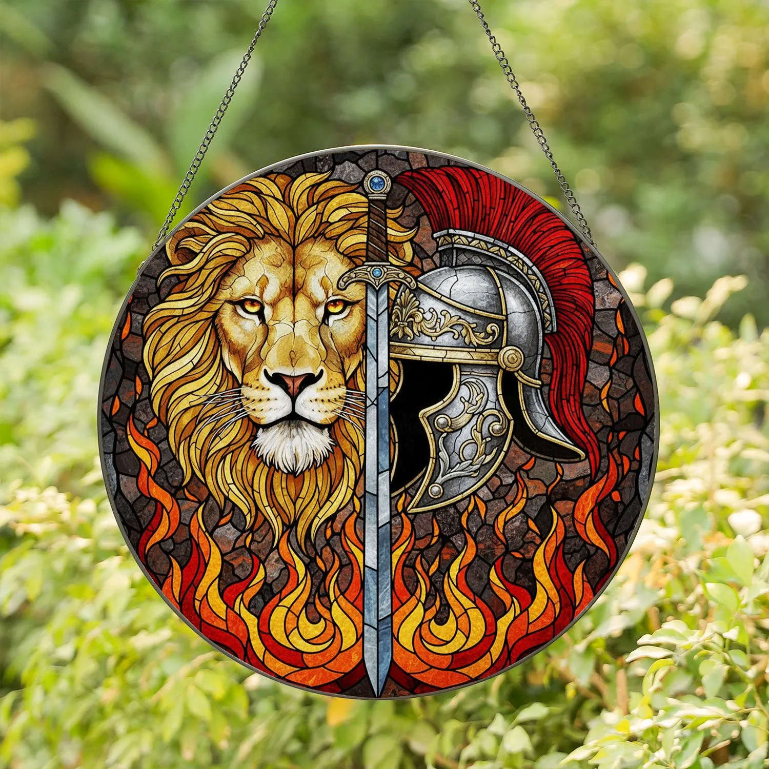 High Contrast Detailed Lion Head Roman Centurion Helmet Sword Fiery Stained Glass Mosaic Stained Glass Suncatcher - 1