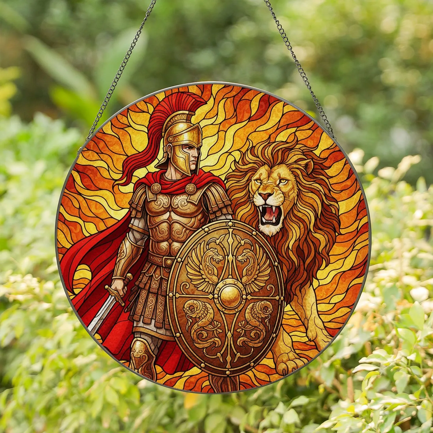 Ancient Roman Warrior Lion Gladius Shield Gold Helmet Crimson Cape Stained Glass Stained Glass Suncatcher - 1