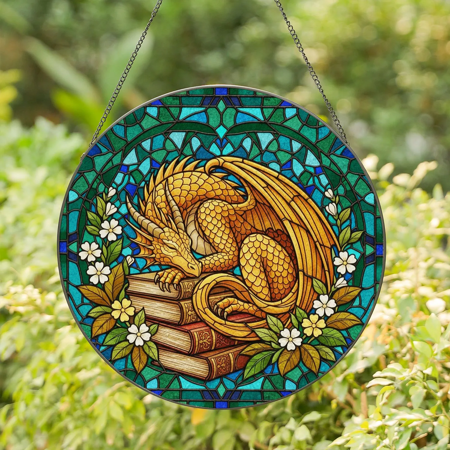Tiffany Style Dragon Sleeping on Books - Jewel Tone Mosaic Fantasy Art Decor Stained Glass Suncatcher - 1