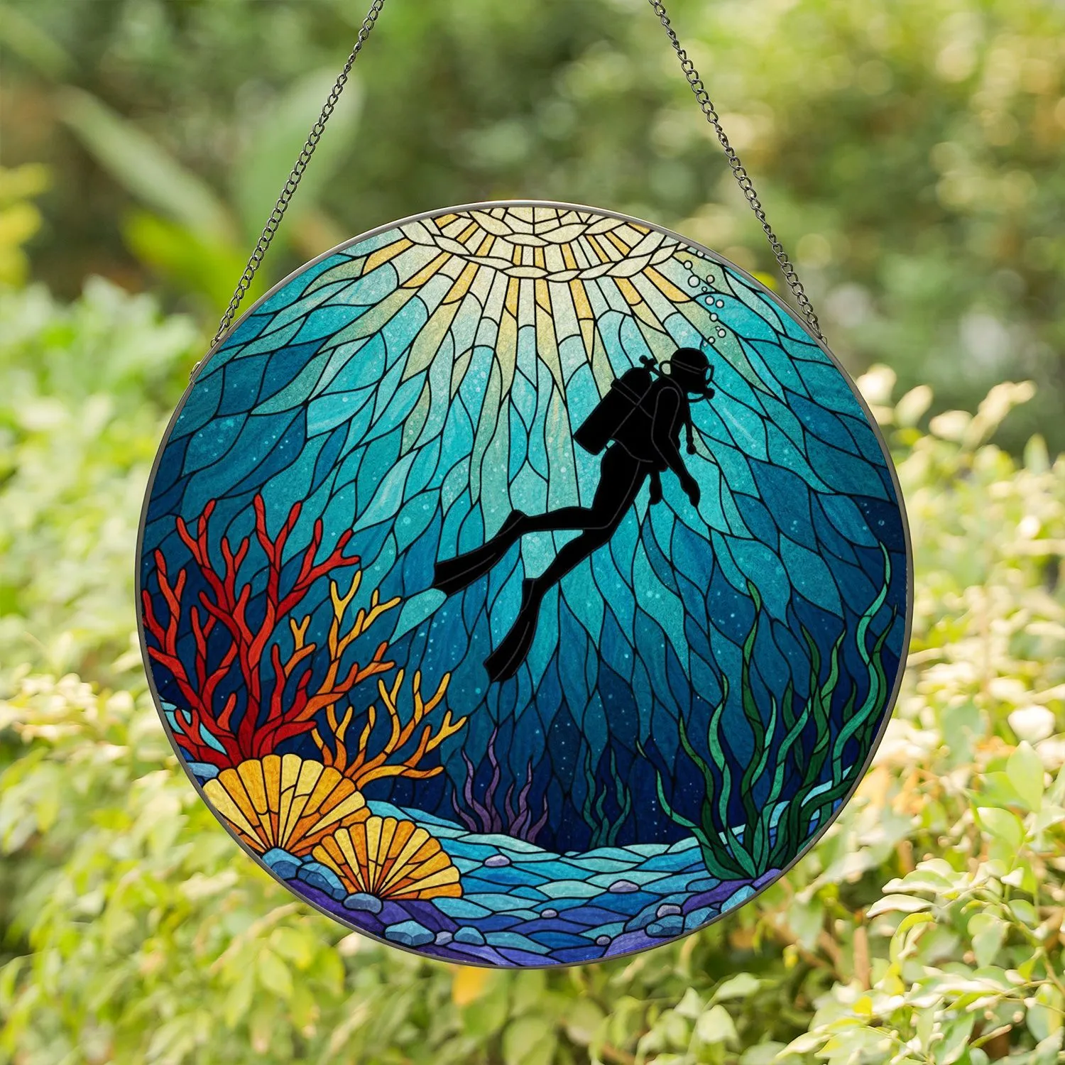 Scuba Diver Coral Reef Stained Glass - Tiffany Style Underwater Ocean Marine Life Art Stained Glass Suncatcher - 1