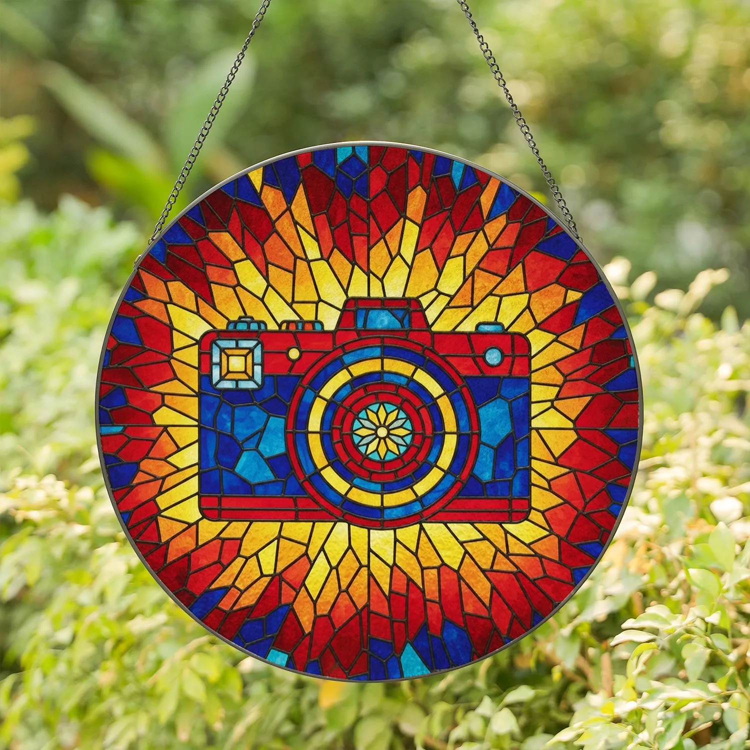 Stylized Vintage Camera Stained Glass Mosaic Art with Jewel Tone Geometric Pattern Stained Glass Suncatcher - 1