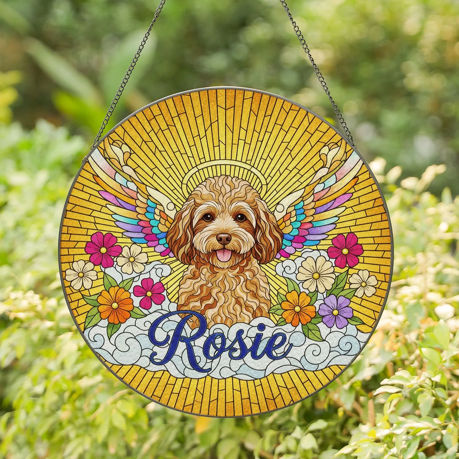 Fluffy Poodle Angel Wings Halo Personalized Rosie - Tiffany Glass Sunburst Clouds Flowers Stained Glass Suncatcher - 1