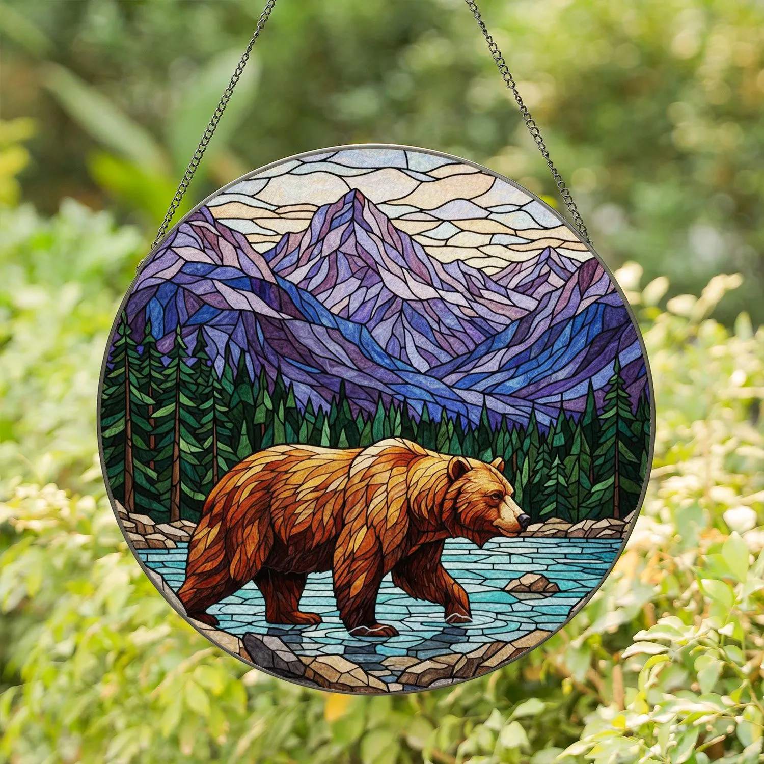 Grizzly Bear Stained Glass Mountains Forest River - Tiffany Style Wildlife Decor Stained Glass Suncatcher - 1