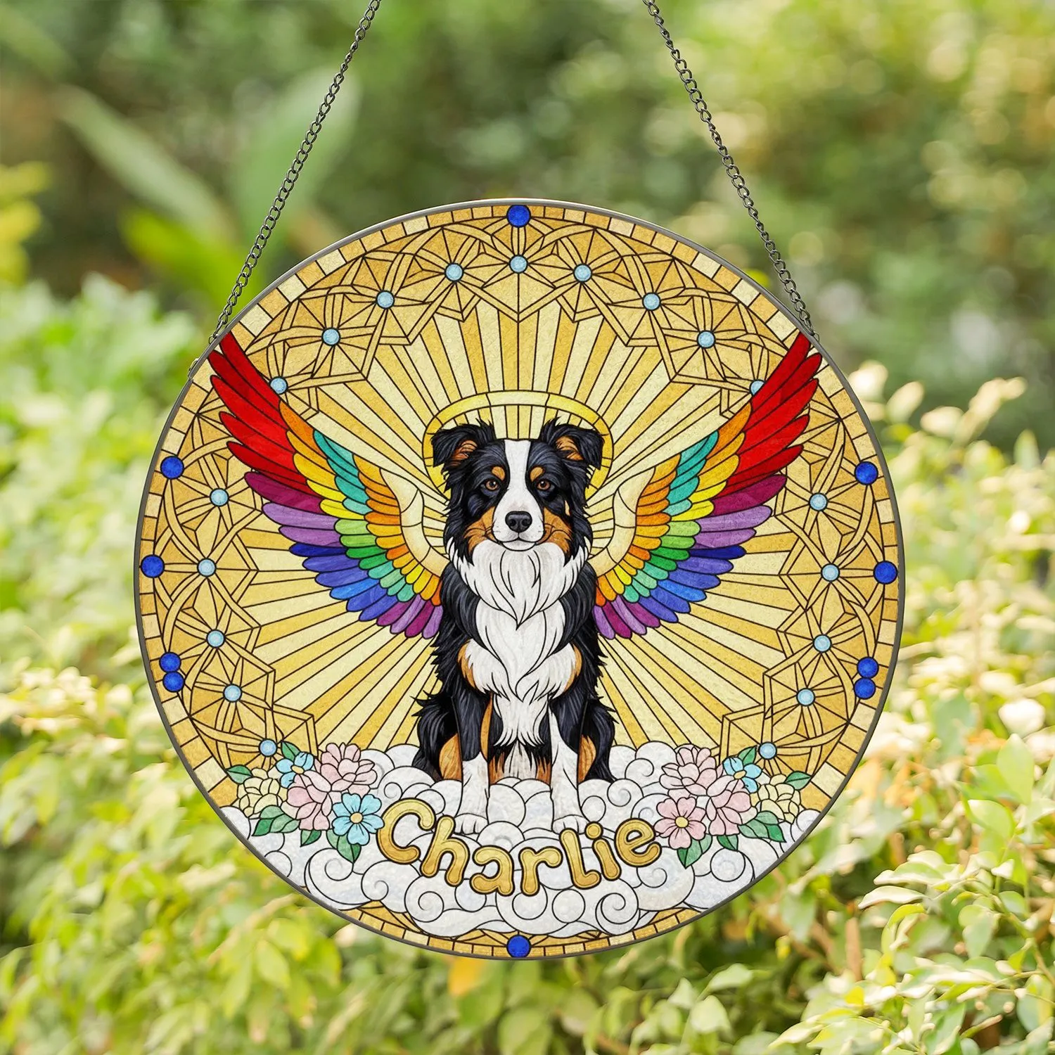 Tri-Color Border Collie Rainbow Wings Halo 'Charlie' Tiffany Glass Sunbeams Art Stained Glass Suncatcher - 1