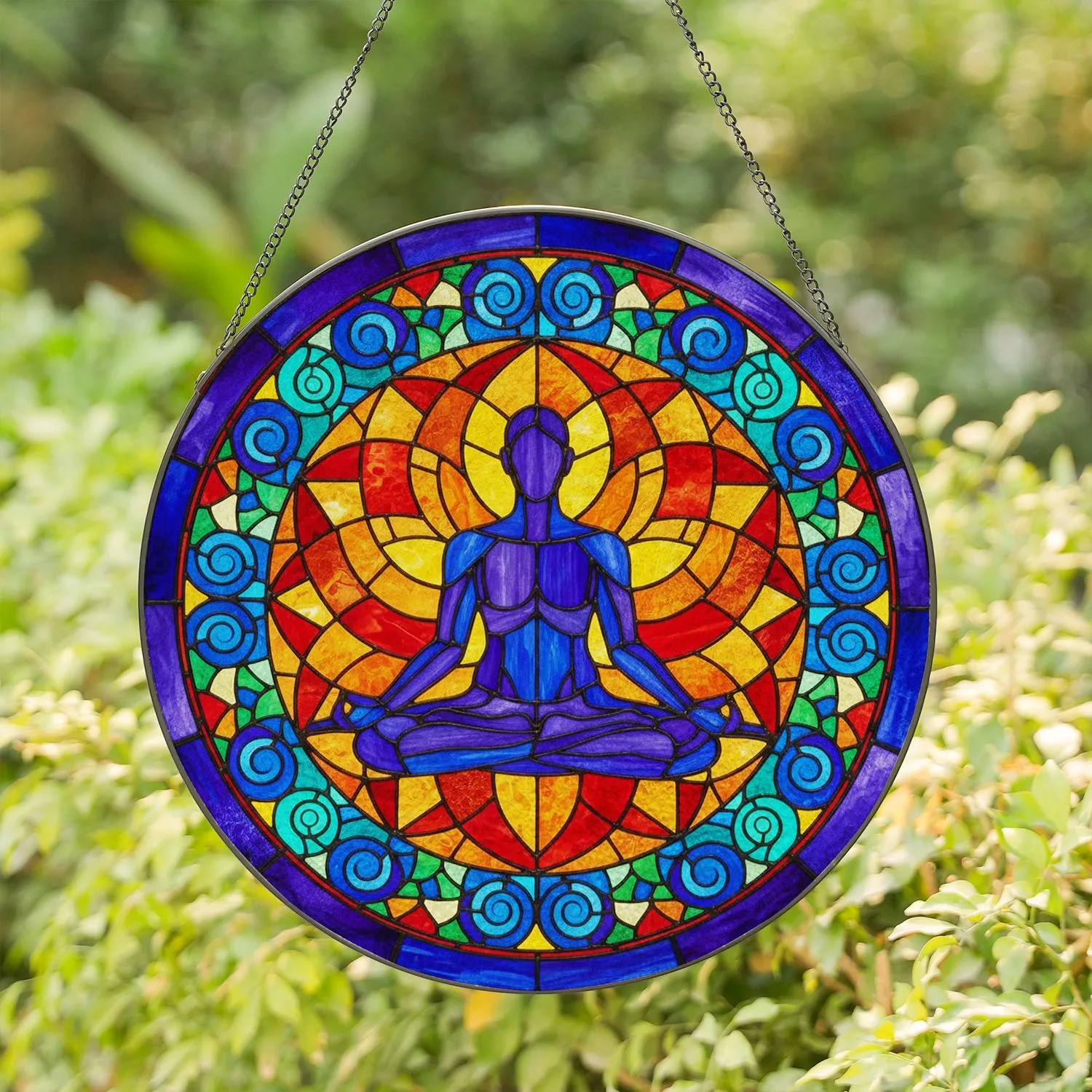Meditative Lotus Figure Stained Glass Art - Tiffany Style Jewel Tone Mosaic Concentric Rings Stained Glass Suncatcher - 1