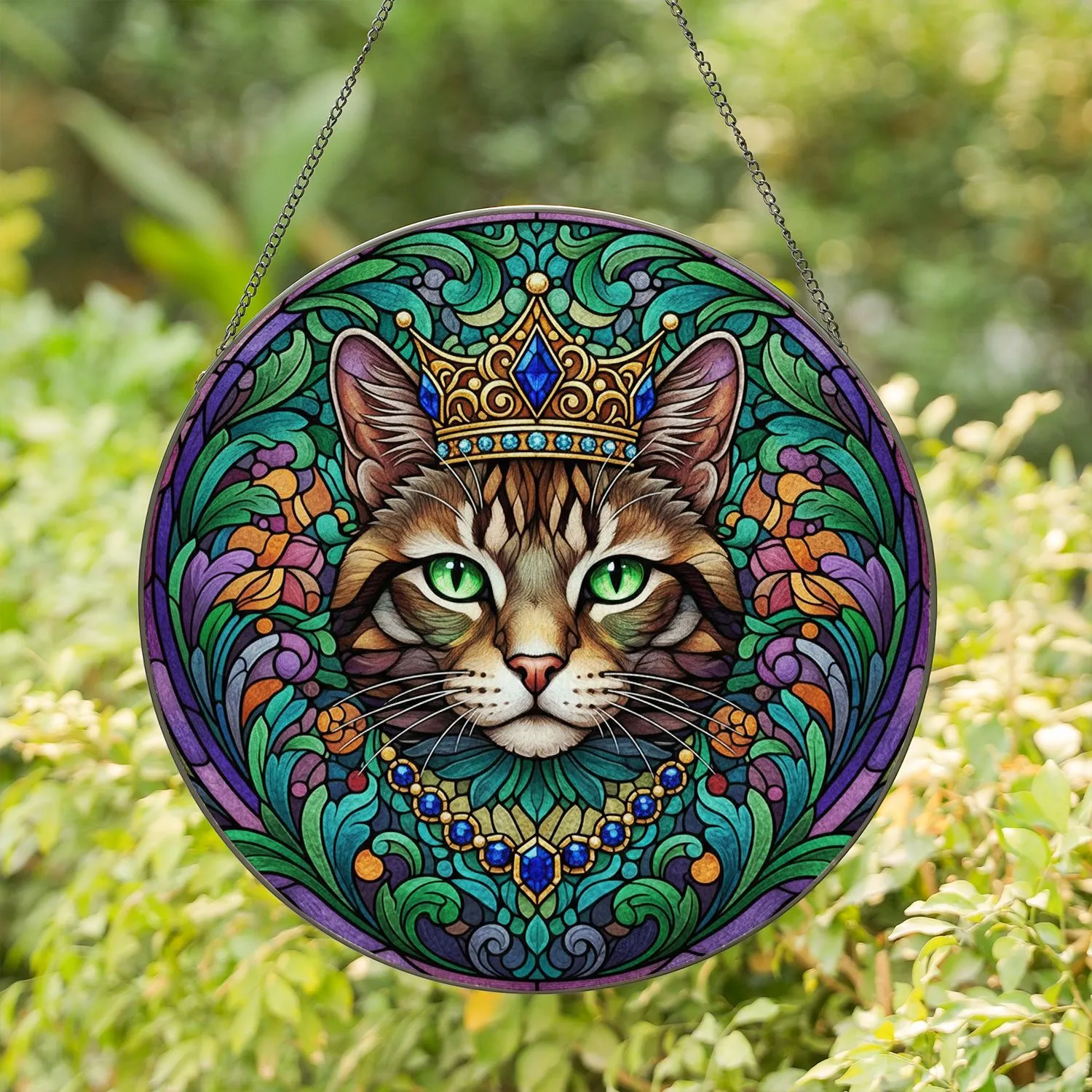 Regal Crowned Cat Emerald Eye Tiffany Stained Glass Ornate Foliage Decor Stained Glass Suncatcher - 1